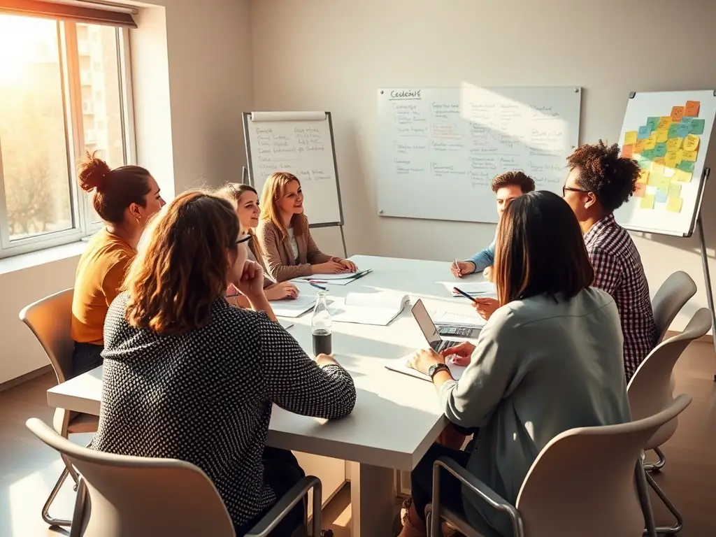 A professional services team engaged in a leadership coaching session, focusing on strategic decision-making and team empowerment.