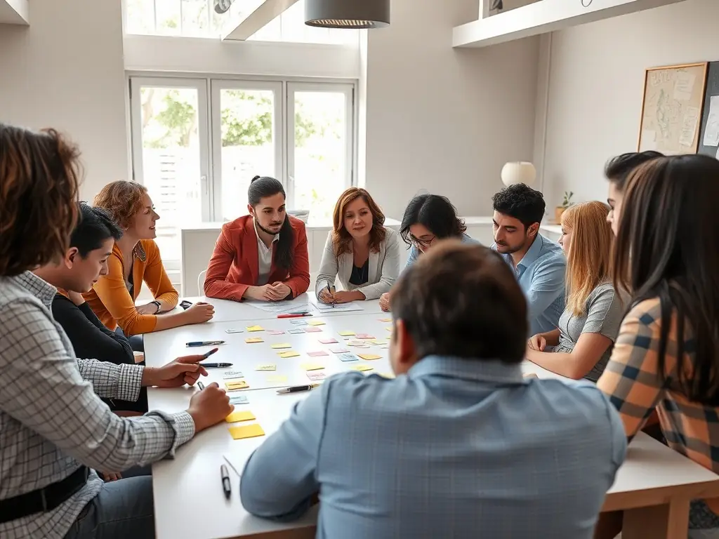 A diverse team participating in a team-building workshop, actively engaged in a collaborative problem-solving activity.